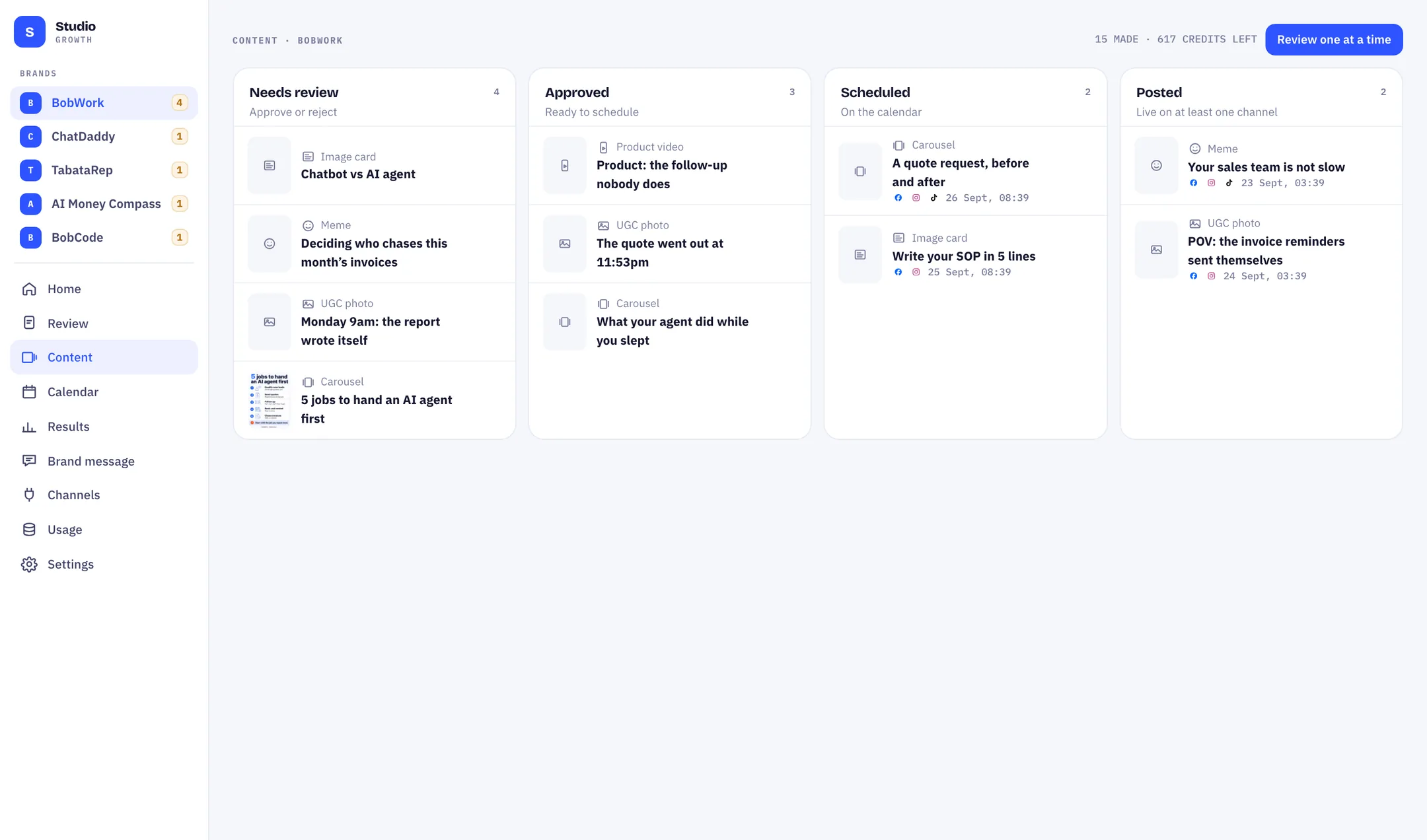 The content board: needs review, approved, scheduled and posted columns