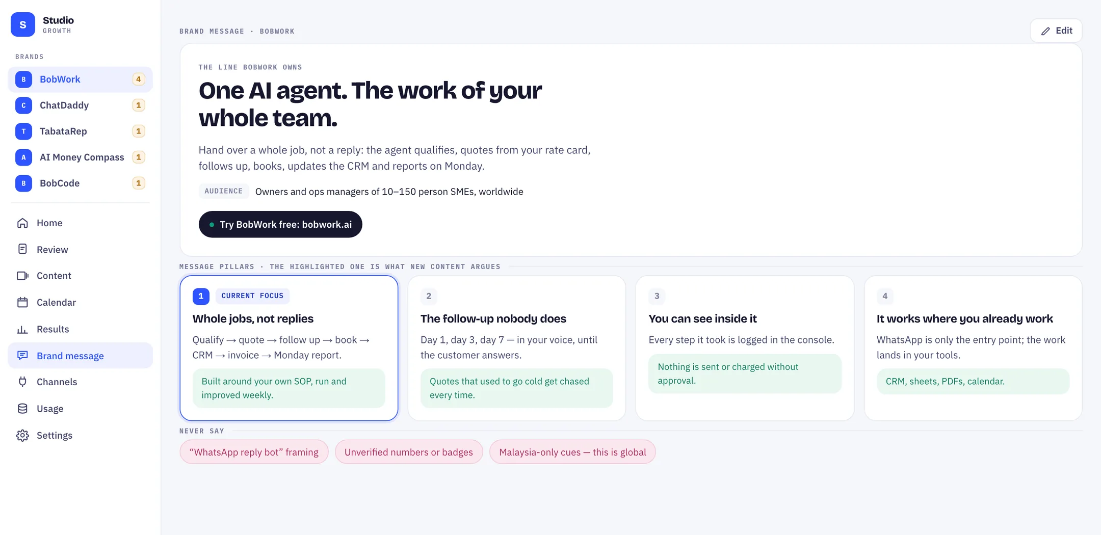 The brand message screen: positioning line, audience, four message pillars with proof, and a never-say list